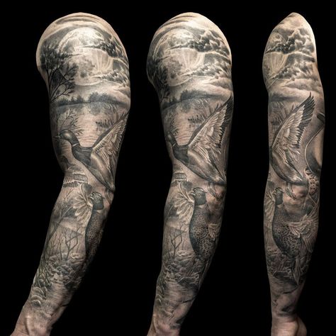 Hunting Forearm Tattoo Men, Moon Sleeve Tattoo Men, Duck Sleeve Tattoo, Duck Hunting Tattoos Sleeve, Hunting Sleeve Tattoo For Men, Fletcher Tattoo, Toth Tattoo, Hunting Tattoos For Guys, Duck Hunting Tattoos