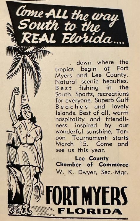 vintage ad from “kim’s guide to florida” 1950. 1950s Florida Home, Retro Florida Aesthetic, Old Florida Aesthetic, Vintage Florida Aesthetic, Vintage Florida Decor, Florida Graphic Design, Florida Tourism, Fort Meyers, Florida Trips