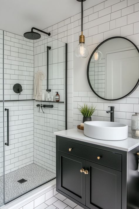 Transform your space with these sleek modern bathroom ideas! This design features a stylish black-and-white theme, elegant subway tiles, and contemporary fixtures. Perfect for adding a touch of sophistication to your home. #ModernBathroom #HomeDecor #InteriorDesign Black Hardware Bathroom, Modern Bathroom Design Tile, Grey And White Bathroom, Modern Bathroom Ideas, Black And White Bathroom, Black White Bathrooms, Small Bathroom Interior, Diy Bathroom Makeover, White Bathroom Tiles