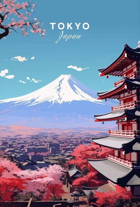 Travel In Japan Aesthetic, Tokyo Poster Vintage, Tokyo Poster Design, Tokyo Travel Poster, Tokyo Japan Aesthetic, Tokyo Illustration, Tokyo Wallpaper, Japan Travel Poster, Gunung Fuji