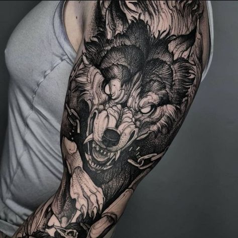 Werewolf Tattoo Ideas, Shoulder Wolf Tattoo, Neotrad Wolf, Dark Wolf Tattoo, Fenrir Tattoo Design, Werewolf Tattoo Design, Wolf Tattoo Sketch, Japanese Wolf Tattoo, Wolf Sleeve Tattoo