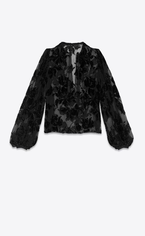 Saint Laurent Tassel Pirate Blouse In Silk And Viscose With Lamé Embroidery | YSL.com Ysl Clothes, Pirate Blouse, Closet Organizer, Black Velvet Dress, Crop Top Outfits, Shoes Leather, Korean Outfits, Embroidered Blouse, Coco Chanel