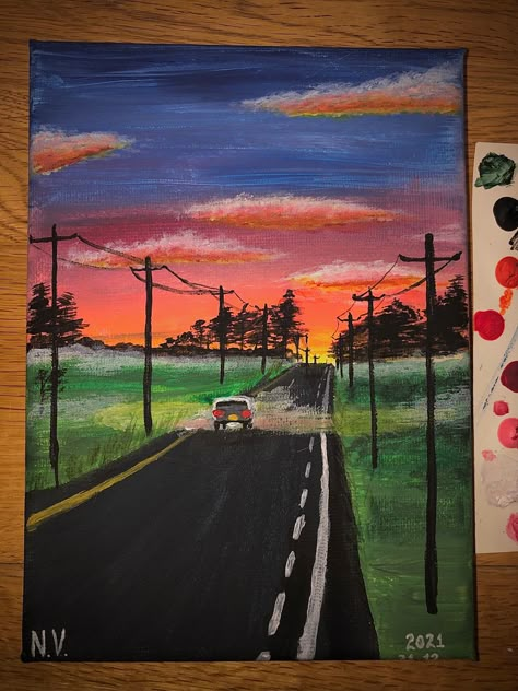 Road Landscape Painting, Road Painting Easy, Powerline Painting, Road Painting Ideas, Road Canvas Painting, Acrylic Sunset, Nature Paintings Acrylic, Truck Painting, Drawing Sunset