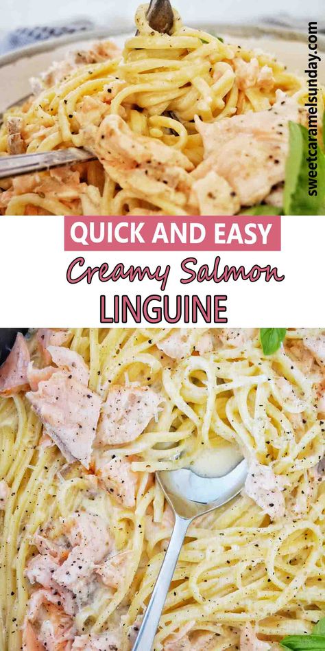 Fork being twirled in a grey bowl of salmon linguine. There is text written between 2 images. Creamy Salmon Alfredo Pasta, Salmon Linguine Recipes, Salmon And Spaghetti, Salmon And Pasta, Salmon Linguine, Linguine Alfredo, December Recipes, Salmon Spaghetti, Butter Sauce For Pasta