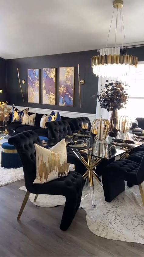 Plum Decor, Blue And Gold Living Room, Dining Room Glam, Black And Gold Living Room, Gold Dining Room, Girl Apartment Decor, Gold Living Room Decor, Glam Living Room Decor, Black Living Room Decor