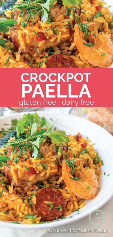 No Spanish restaurant needed. Make this yummy Crockpot Paella today and enjoy the rich flavors of the Mediterranean right in your own kitchen! Slow Cooker Paella Recipe, Slow Cooker Paella, Fish Crockpot, Slower Cooker Side Dishes, Crockpot Paella, Crockpot Seafood, Seafood Crockpot Recipes, Paella Recipe Seafood, Seafood Paella