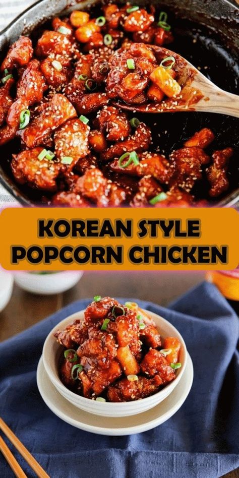 Korean style popcorn chicken (Dakgangjeong, 닭강정) is a popular Korean street snack in Korea. The boneless chicken nugget is deep fried and coated with Korea’s special sticky, spicy, tangy and sweet sauce. Korean Popcorn Chicken Recipe, Popcorn Chicken Recipe, Korean Fried Chicken, Meatless Main Dishes, Korean Recipes, Chicken Nugget, Popcorn Chicken, Sweet Sauce, Korean Street