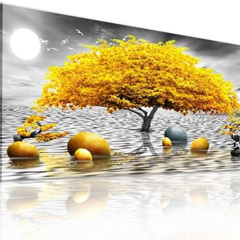 Canvas Wall Art: Abstract Black, White, and Yellow Tree Decor for Home and Office Large Wall Artwork, Orange Pictures, Wall Decorations For Living Room, Ocean Landscape Painting, Decorations For Living Room, Canvas Wall Art Living Room, Living Room Large, White Canvas Art, Wall Art For Bedroom