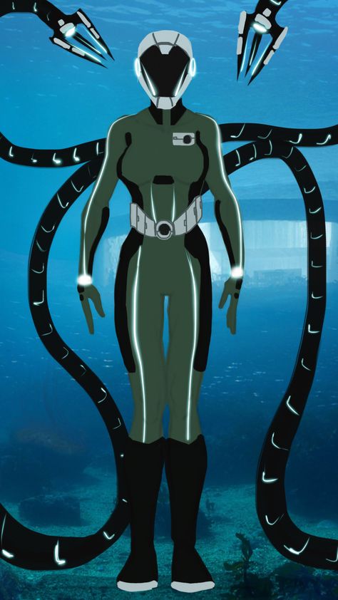 Leader of the group. I loved the idea of a female Doc Ock from Spider-Verse...so I wanted to take that idea and add to it, giving her scuba gear for an underwater base, and maybe a darkened helmet for like a cool twist reveal or something. Doc Ock Female, Doc Oc Spiderverse, Female Doc Ock, Doc Ock Redesign, Snake Superhero Oc, Doctor Octopus Redesign, Doc Ock Concept Art, Lady Octopus, Marvel Doctor Octopus