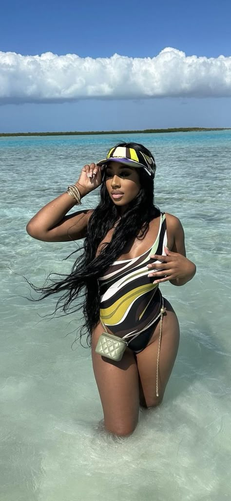 Visor Outfit Black Women, Bucket Hat Swimsuit Outfit Black Women, Pucci Swimsuit Black Women, Beach Vacay Outfits Casual, Designer Bathing Suits Black Women, Jamaica Vacay Outfits, Visor Hat Outfit Summer, One Piece Swimsuit Black Women, Vacation Pics Black Women