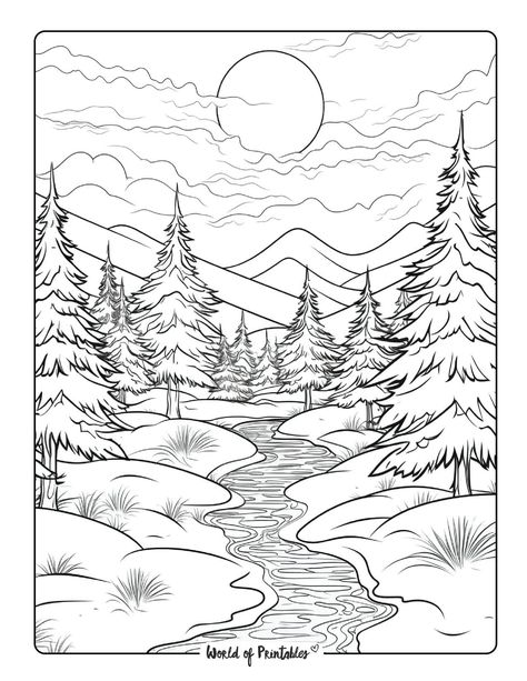 Fantasy Landscape Coloring Pages, Forest Landscape Drawing, Landscape Coloring Pages, Cute Landscape, Colouring Images, Jungle Coloring Pages, Landscapes Mountains, Forest Coloring Pages, Natural Scenes