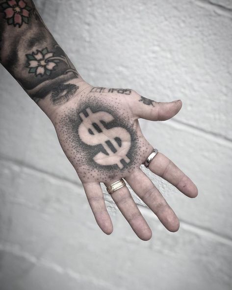 Dollar Sign Finger Tattoo, Dollar Sign Tattoo On Finger, Dollar Sign Tattoo Design, Money Bag Finger Tattoo, Money Sign Neck Tattoo, Money Rolls Tattoo, Paid In Full Tattoo, Money Tattoos For Men, Money Sign Tattoo