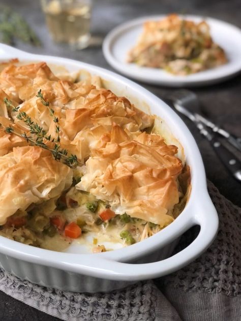 Phyllo Pastry Chicken Pot Pie, Filo Dough Chicken Pot Pie, Chicken Filo Pastry Recipes, Chicken Pot Pie With Filo Pastry, Chicken Pot Pie Philo Dough, Phyllo Dough Recipes Dinner Chicken, Filo Chicken Pie, Mini Chicken Pot Pies With Phyllo Dough, Philo Dough Chicken Pot Pie