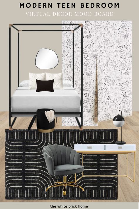 Black and white modern teen bedroom. Black and white rug for a teen girl bedroom. Canopy bed for a teen girl. Canopy bed. Teen girl bedroom idea that is black and white. White floral wallpaper for a teen girl. Teen girl bedroom idea. White Teen Girl Bedroom, Black And White Teenage Girl Bedroom, Modern Teen Girl Bedroom, White Teen Bedroom, Young Adult Bedroom, Black Iron Beds, Modern Teen Bedrooms, Idea Bedroom, Bedroom Teen