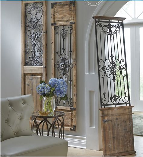 Antique Wall Decor Bedroom, Antique Door Wall Decor, Folding Doors Ideas, Home Interior Catalog, Gate Wall Decor, Home Decor Catalogs, Rustic Doors, Inexpensive Home Decor, Antique Doors