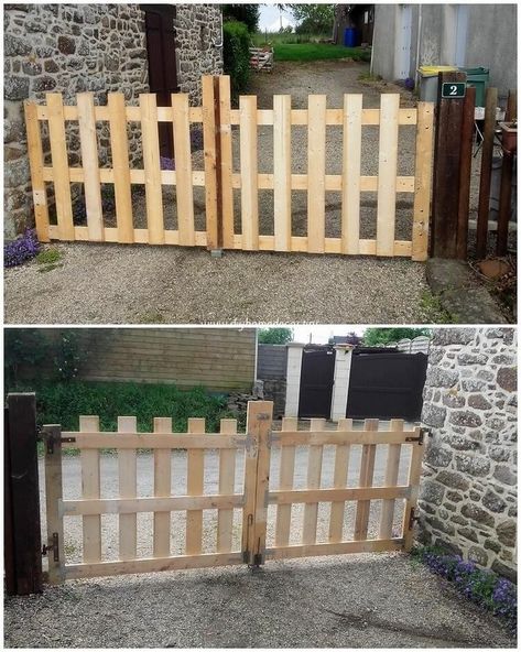 Wood Gate Diy, Pallet Fence Diy, Pallet Gate, Diy Dog Gate, Diy Gate, Wooden Fence Gate, Wood Pallet Ideas, Diy Wood Pallet, Garden Gate Design