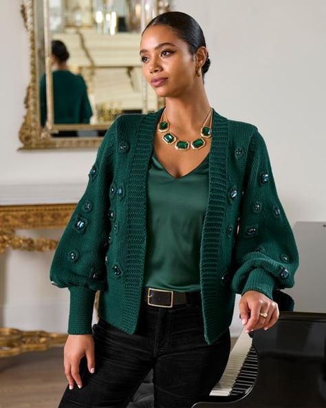 A bejeweled beauty, our Gem Embellished Cardigan combines cozy comfort with colorful brilliance. The chunky knit design provides much needed warmth, while the faceted gem embellishments make it a truly unique layer that instantly enhances all your ensembles. | Boston Proper - Deep Emerald Green - Gem Embellished Cardigan - Medium Half Zip Up Sweater, Deep Emerald Green, Denim Jean Dress, Embellished Cardigan, Green Gem, Cozy Tops, Basic Sweaters, Sweater Layering, Shoes For Leggings