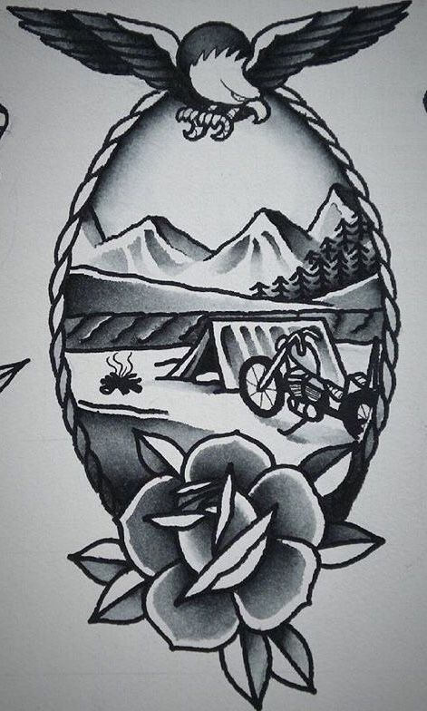 American Traditional Desert Tattoo, Old School Biker Tattoos, Motorcycle Tattoo Ideas Old School, Traditional Biker Tattoo, Traditional Motorcycle Tattoo, Biker Tattoo Design, Western American Traditional Tattoo, Dirt Bike Tattoo, Flash Art Tattoos