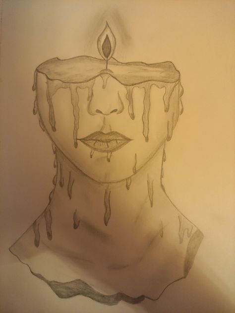 Candle Face Drawing, Candle Person Drawing, Human Candle Drawing, Candle Women Drawing, Candle Pencil Drawing, Melting Face Drawing, Candle Sketch Art, Melting Person Art, Candle Flame Drawing