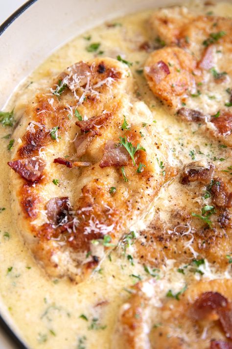 Chicken Breast In Dutch Oven, Marry Me Chicken With Bacon, Cream Of Bacon Soup Recipes With Chicken, Chicken Thigh Comfort Food, Bacon Wrapped Chicken Thighs, Chicken Breast Dutch Oven, Oven Baked Smothered Chicken, Chicken Breast Dutch Oven Recipes, Creamy Bacon Chicken