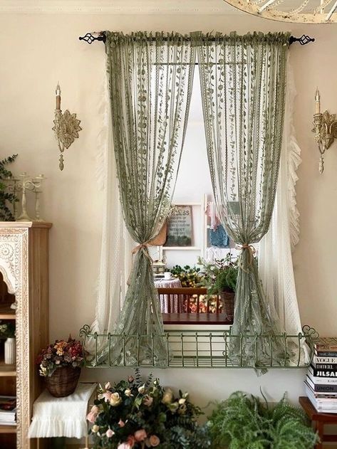 Curtains On Window Seat, Curtain In Room, Modern Antique Living Room Inspiration, Curtains Around Door, Cottage Style Curtains Living Room, Moroccan Curtains Bedroom, Green Witchy Living Room, Dark Green Sheer Curtains, Green Room White Furniture