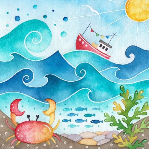 Fishing Boat Illustration, Scottish Seaside, Watercolour Sea, Scottish Animals, Colourful Things, Chinese Graphic, Nautical Artwork, Seaside Paintings, Garden Totem