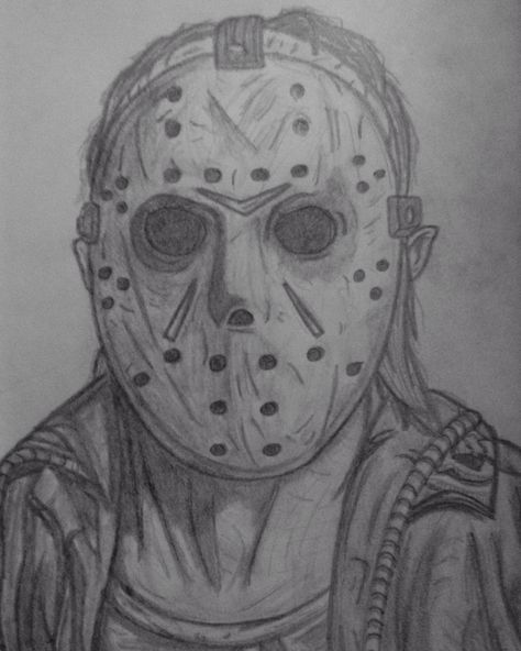 Friday the 13th - Jason Voorhees. Scary Movie Sketches, Jason Voorhees Drawing Pencil, Jason Voorhees Sketch, Horror Movie Drawings Pencil, Jason Drawing Friday The 13th, Jason Mask Drawing, Friday The 13th Drawing, Jason Sketch, Jason Voorhees Drawing