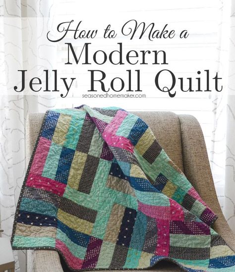 Some quilts are so easy to make. I made this quilt by using a Jelly Roll and following an easy video tutorial. I'm giving away one jelly roll so you can make this quilt, too. #seasonedhome Simple Jelly Roll Quilt, Quilting Patterns For Beginners, Jelly Roll Projects, Beginner Quilting Projects, Free Sewing Tutorials, Beginner Quilting, Jelly Roll Patterns, Free Quilting Patterns, Jelly Roll Quilt