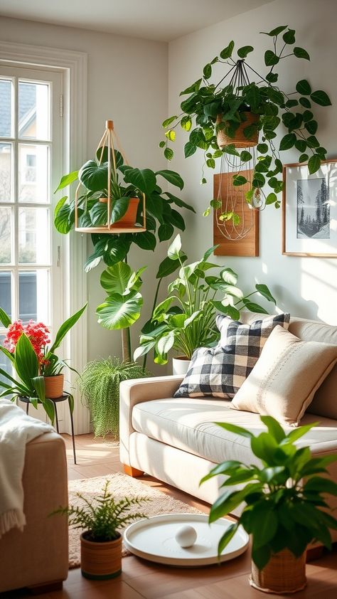 🌿❄️ Discover the best indoor plants for winter! From resilient Snake Plants to low-maintenance ZZ Plants, bring nature indoors for a cozy season. #IndoorPlants #WinterCare 🌵🌺 Plants In Studio Apartment, Planted Living Room, House With Lots Of Plants, Plant Living Room Aesthetic, Living Room With Plants Ideas, Indoor Plant Room, Indoor Plants Aesthetic, Indoor Landscaping, Zz Plants