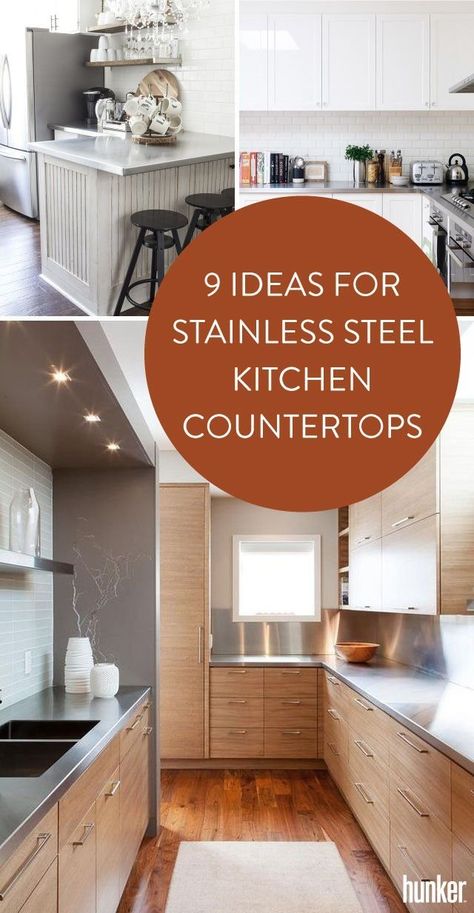 Stainless steel, while comparable in price to other materials — it runs about $80 to $225 per square foot according to Countertop Guides — has a low maintenance cost and it's one of those materials that has more uses than we have fingers. In the kitchen arena, its benefits include being ultra-durable, immune to heat, and pretty much indestructible. Stainless Steel Kitchen Countertops, Stainless Countertops, Steel Countertops, Replacing Kitchen Countertops, Diy Kitchen Countertops, Kitchen Countertop Materials, Stainless Steel Counters, Stainless Kitchen, Stainless Steel Countertops