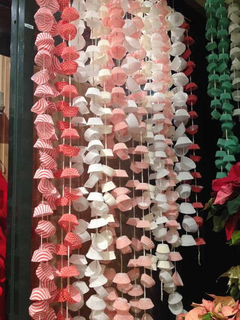 Cupcake Liner Garland, Anthropologie Party Decor, Sweet Shop Window Display, Valentines Retail Display, Anthropologie Valentines Display, February Window Display Ideas, Spring Display Window, Paper Window Display, Birthday Window Display