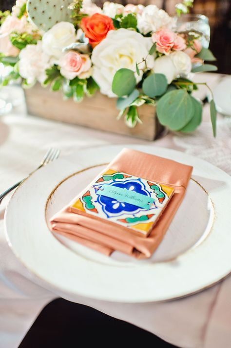 Vibrant Spanish Tile Place Card: Liz ordered hand-crafted Spanish tile place cards for each guest, which also served as coasters (and wedding favors). Tile Place Cards, Spanish Dinner Party, Place Cards Ideas, Talavera Wedding, Handmade Wedding Favors, Spanish Dinner, Wedding Coasters Favors, Trendy Wedding Favors, Hacienda Wedding