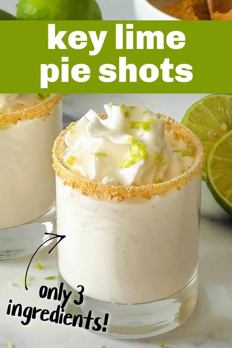 Made with white rum, RumChata, and key lime rum cream, these key lime pie shots take less than 5 minutes to make and are a creamy version of key lime pie! Add some whipped cream, a sprinkle of graham cracker crumbs and a lime wedge and you'll have a sweet, dessert cocktail in no time. 3 Ingredient Key Lime Pie, Key Lime Pie Drink, Key Lime Pie Shots, Key Lime Pie Drinks Cocktails, Key Lime Pie Drink Alcohol, Key Lime Pie Shot, Kenny Chesney Key Lime Rum Recipes, Blue Chair Bay Key Lime Rum Recipes, Rumchata Cocktails