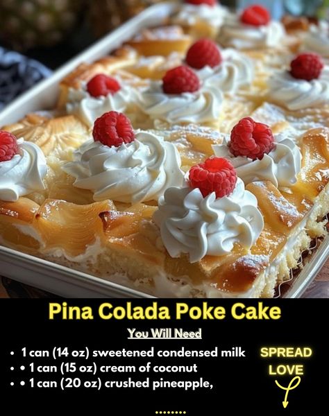 Pina Colada Poke Cake Recipe Pina Colada Cake Recipe Easy, Pina Colada Poke Cake Recipe, Pina Colada Cake Recipe, Pina Colada Poke Cake, Easy Cooking Ideas, Pina Colada Cake, Poke Cake Recipe, Poke Cake Recipes, Warm Cake