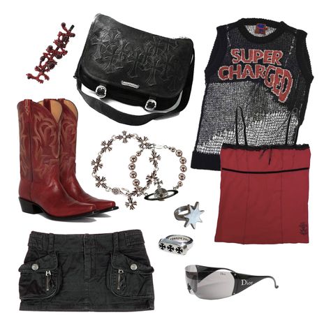 Cowboy Boots Outfit Grunge, Y2k Cowgirl Boots Outfit, Red Cowboy Boots Outfit Aesthetic, Red Platform Cowboy Boots, Vintage Cowgirl Aesthetic, Cowgirl Boot Streetwear, Rich Closet, Red Cowboy Boots Outfit, Single Clothes