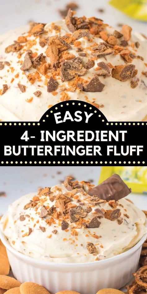 Butterfinger Fluff is a tasty dessert dip made using Butterfinger Baking Bits, whipped topping, and vanilla pudding. Pair with vanilla wafers, pretzels, or fruit for dipping for an easy no-bake dessert. Sugar Wafers Dipped, Butterfinger Dip 3 Ingredients, Desserts With Jello Pudding, Butterfinger Fluff, Easy New Years Eve Desserts, Recipes With Vanilla Pudding, Butterfinger Delight, Butterfinger Dessert Recipes, Finger Dessert