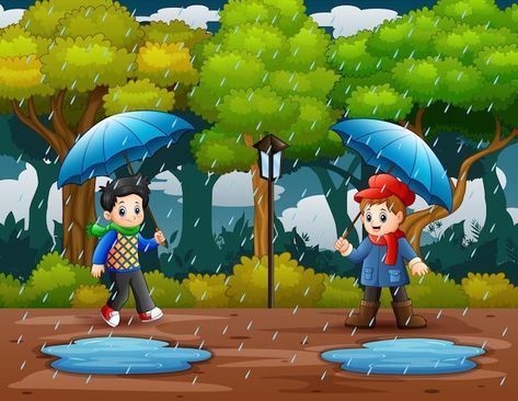 Premium Vector | Children playing under the rain in autumn Rainy Season Photos, Rain In Autumn, Rainy Day Illustration, Park Illustration, Under The Rain, Children Playing, Two Boys, Rainy Season, The Rain