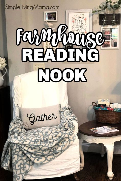 Farmhouse Reading Nook Cozy Corner, Farmhouse Sitting Room Ideas, Small Sitting Room Ideas Cozy Corner, Farmhouse Reading Corner, Farmhouse Sitting Area, Farmhouse Reading Nook, Small Sitting Room Ideas Cozy, Farmhouse Sitting Room, Book Nook Chair