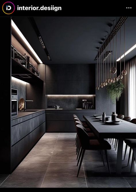 Black Kitchen Design, Modern Black Kitchen, Black Interior Design, Loft Interior, Sleek Kitchen, Dark Theme, Luxury Kitchen Design, Grey Kitchen, Pop Design