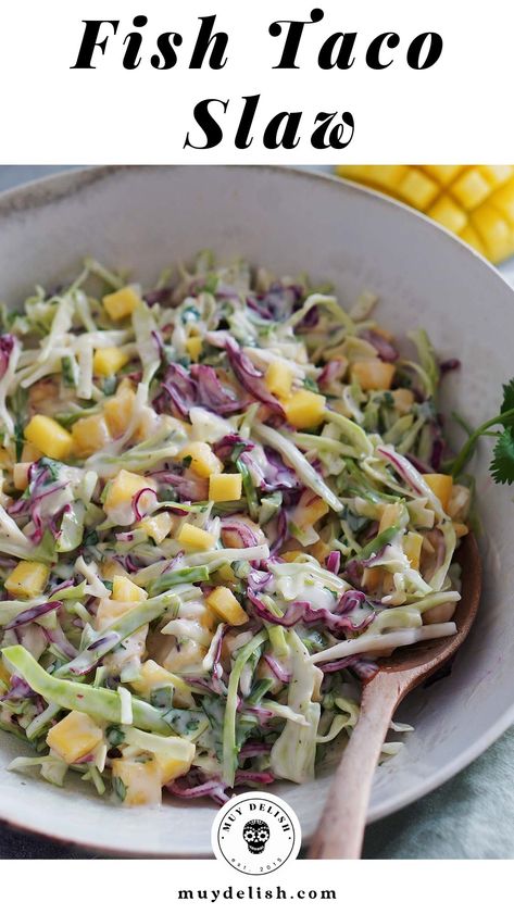 Mango Slaw For Fish Tacos, Fish Taco Slaw Recipe Vinegar, Mango Slaw Fish Tacos, Fish Tacos With Mango Slaw, Fish Taco Slaw Recipe, Taco Variations, Taco Slaw Recipe, Lettuce Slaw, Sides For Fish Tacos