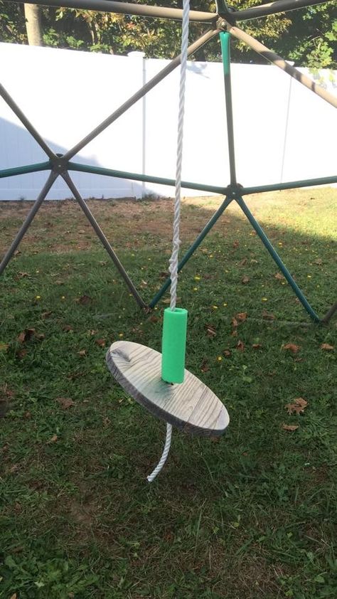 DIY swing for climbing dome from Play at Home mom - use pool noodle to protect the "jewels" Climbing Dome, Backyard Play Spaces, Diy Swing, Nature School, Kids Outdoor Play, Pool Noodle, Backyard Remodel, Mud Kitchen, Backyard Playground