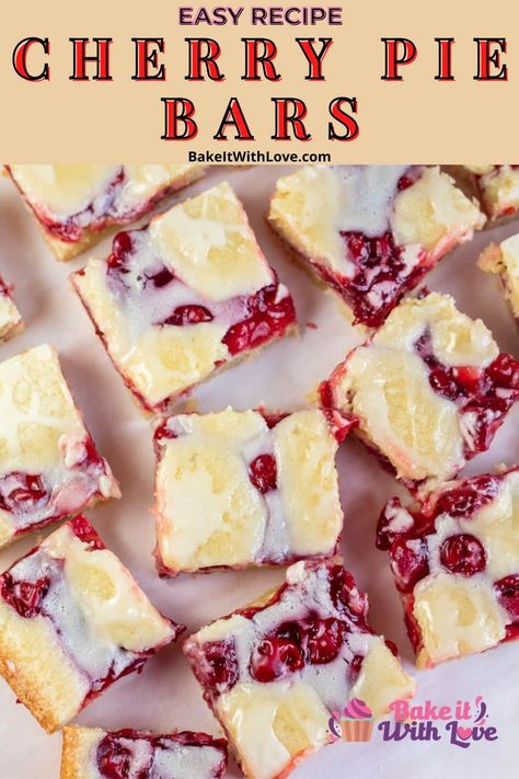 Cherry pie bars with vanilla icing are a delicious fruit dessert that is perfect for serving a crowd at any get-together! The sweet vanilla glaze requires only 3 ingredients and is perfect for topping off the golden buttery crust stuffed with cherry pie filling. Bring these cherry pie squares to a party, gathering, or potluck and everyone will want to know the recipe! BakeitWithLove.com #dessertbars #cherryfilling #pie #bakeitwithlove Cherry Pie Filling Recipes Easy, Recipe For Cherry Pie, Cherry Pie Bars Recipe, Pie Squares, Fresh Cherry Recipes, Cherry Pie Filling Recipes, Cherry Recipes Dessert, Easy Dessert Bars, Cherry Pie Bars