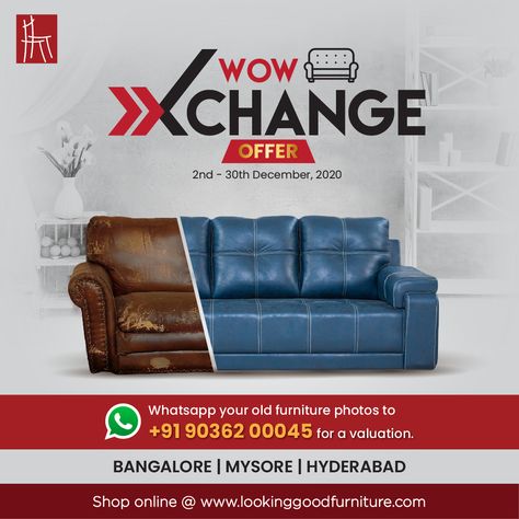 Innovative creative for furniture store to promote exchange offer. Bud is one of the leading creative advertising agency in Bangalore. For more info visit our website. Exchange Offer Creative Ads, Offer Creative Ads, Exchange Design, Creative Advertisement, Digital Advertising Agency, Ad Agency, Web Design Agency, Digital Advertising, Advertising Agency