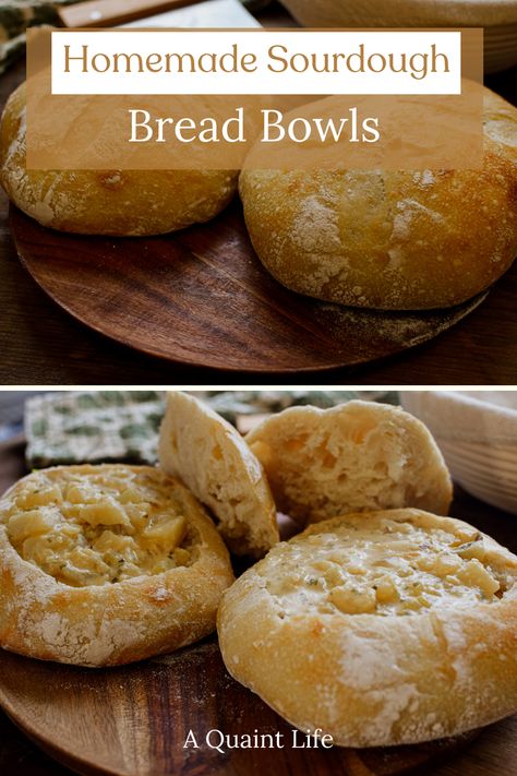 These homemade sourdough bread bowls are easy to make and makes two delicious crusty boules with an airy crumb. Sourdough Bread Bowls Recipe, Sourdough Bowl Soup, Sour Dough Bread Bowl, Sourdough Bread Bowls, Sourdough Bread Bowls For Soup, Sourdough Bread Bowl Recipe, Boule Bread Recipe, Sourdough Boule Recipe, Bread Bowl Recipe