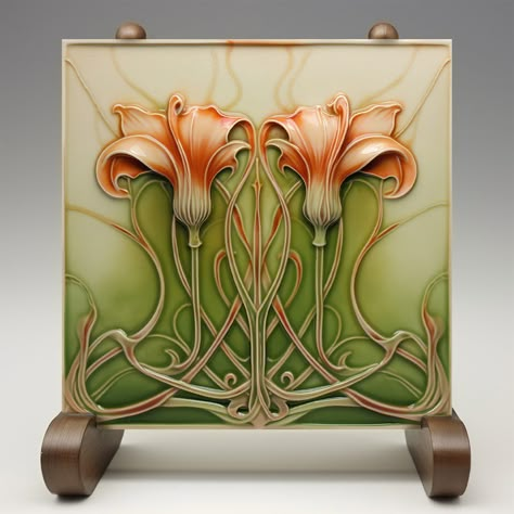 Elevate your home décor with this exquisite Art Nouveau Lilies Ceramic Tile, exclusively printed by Zazzle. This flat ceramic tile, featuring no embossed features, captures the elegance of the Art Nouveau style with its fluid lines and organic forms. The design showcases two beautifully intertwined lilies in shades of orange and green, set against a delicate gradient background. Perfect for adding a touch of sophistication to your kitchen, bathroom, or any living space, this tile seamlessly blen Art Nouveau Kitchen Design, Art Nouveau Ceramics, Motif Art Nouveau, Art Nouveau Interior, Art Nouveau Furniture, Art Nouveau Pattern, Art Nouveau Flowers, Art Tiles, Art Nouveau Tiles