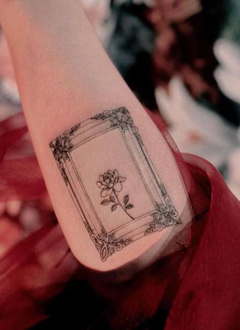 Antique Picture Frame Tattoo, Square Frame Tattoo, Portrait Frame Tattoo, Painting Frame Tattoo, Framed Flower Tattoo, Photo Frame Tattoo, Frame Tattoo Design Square, Ornate Frame Tattoo, Antique Frame Tattoo