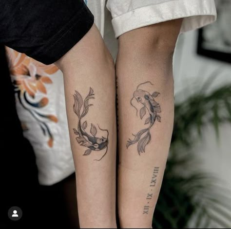 Japanese Sibling Tattoos, Asian Matching Tattoo, Coi Fish Matching Tattoo, Matching Tattoos Koi Fish, Couples Koi Fish Tattoos, Matching Coi Fish Tattoos Ideas, Koi Fish Matching Tattoo, Brother And Sister Matching Tattoos, Koy Fish Tattoos