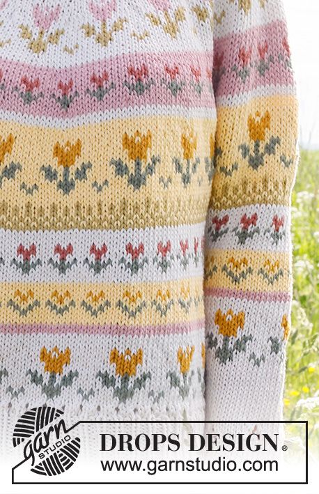 Drops Paris Patterns, Knit Flower Sweater Pattern, Flowers Knitting Chart, Free Fair Isle Knitting Patterns Sweater, Knit Tulip Pattern, Flowers Knitting Pattern, Tulip Knitting Pattern, Floral Knitting Pattern, Drops Knitting Patterns Free