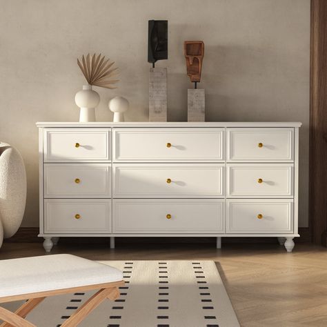 Darby Home Co Deepraj 9 - Drawer Dresser | Wayfair Keane Dresser Crate And Barrel, Nursery Dresser Ideas, Bedroom Dresser Decor With Mirror, Console Table Storage, Cream Dresser, Basic Room, Room Decor Color, White Dresser Bedroom, Dresser Console