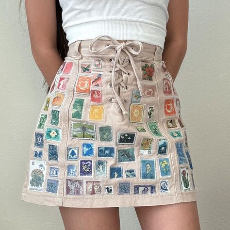 Upcycle Skirt, Sewing Upcycling, Upcycled Thrift, Upcycled Skirt, Reworked Clothing, Second Account, Handmade Sewing, Upcycled Fashion, Postage Stamp